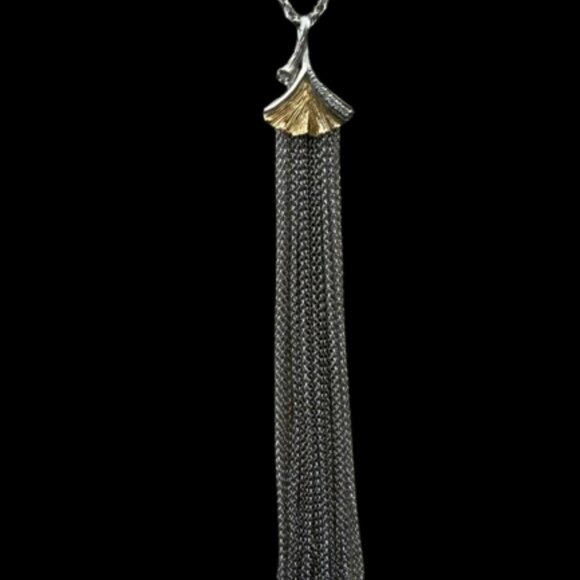 Michael Aram Silver, Gold & Diamond Ginkgo Tassel Necklace w/ pouch - Picture 3 of 7